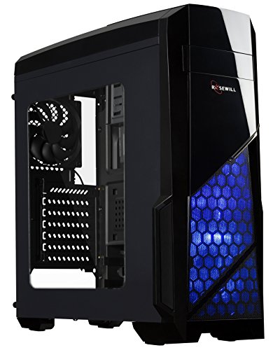 Rosewill ATX Case, Mid Tower Case with Blue LED Fan/Gaming Case for PC with Side Window Panel & 3 Fans Pre-Installed, Computer Case 2 x USB3.0 Port - Nautilus